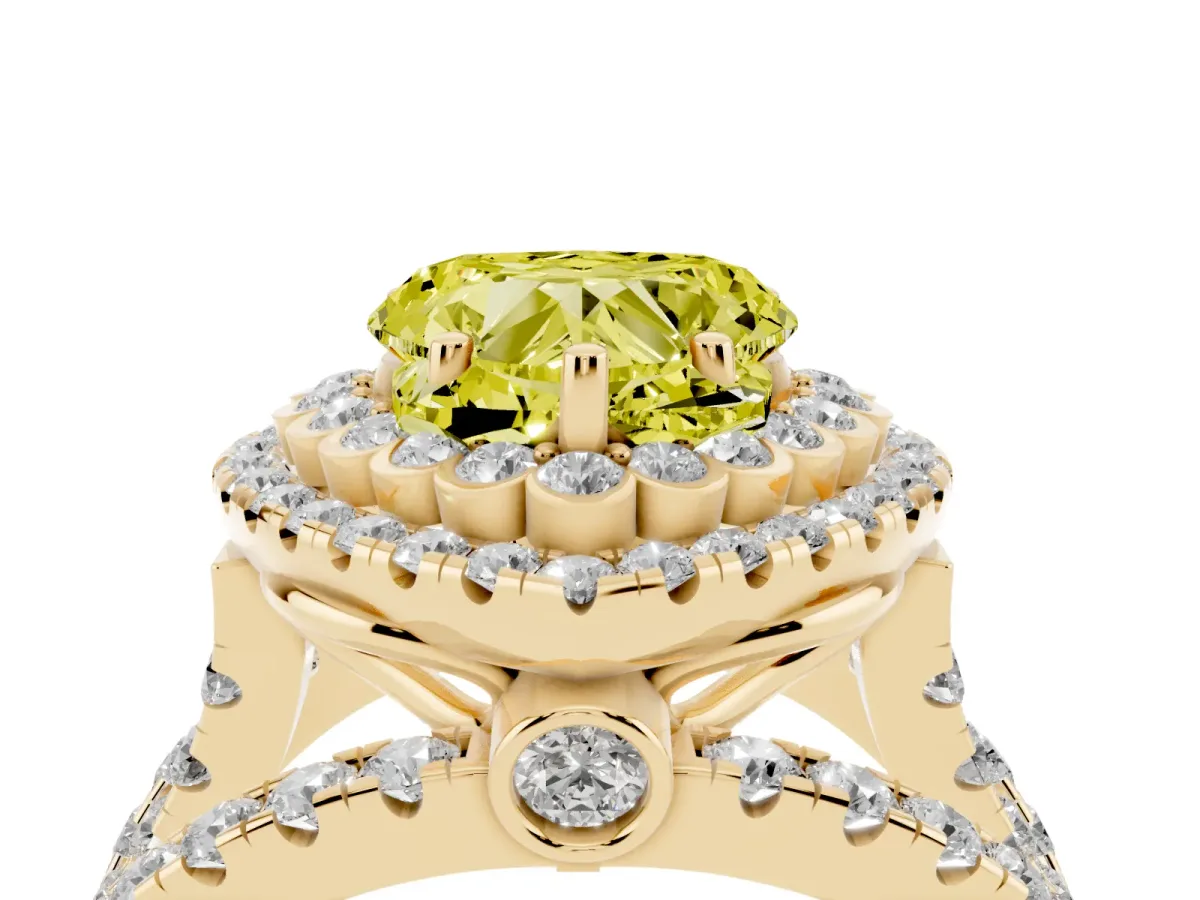 Fancy Yellow Heart Cut Diamond Double Halo Ring with Round Pavé Split Shank and Prong Setting Yellow gold