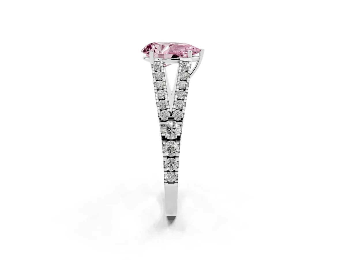 Fancy Pink Pear Cut Diamond Split Shank Pavé Engagement Ring with Four-Prong Setting White gold