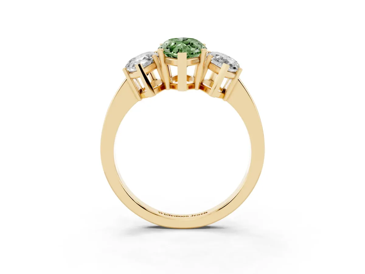 Fancy Green Three-Stone Marquise Cut Cut Diamond Engagement Ring with Flat Band and Four-Prong Setting Yellow gold