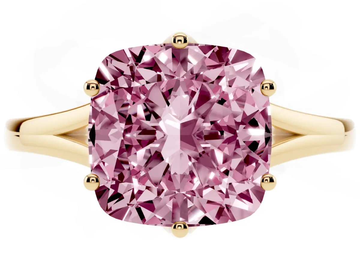Fancy Pink Cushion Cut Solitaire Diamond Ring with Six-Prong Setting and Tapered Band Yellow gold