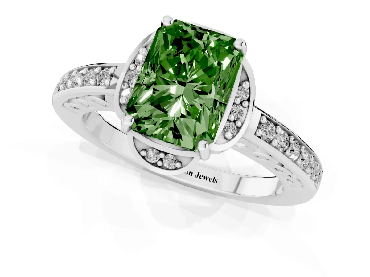 Fancy Green Radiant Cut Cut Halo Diamond Ring with Channel Set Band and Four-Prong Setting White gold