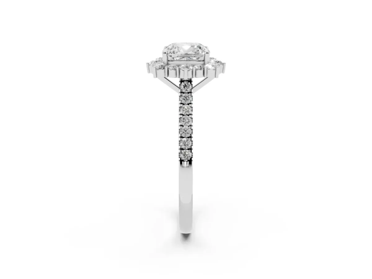 Cushion Cut Halo Diamond Ring with Pavé Band and Prong Setting Silver