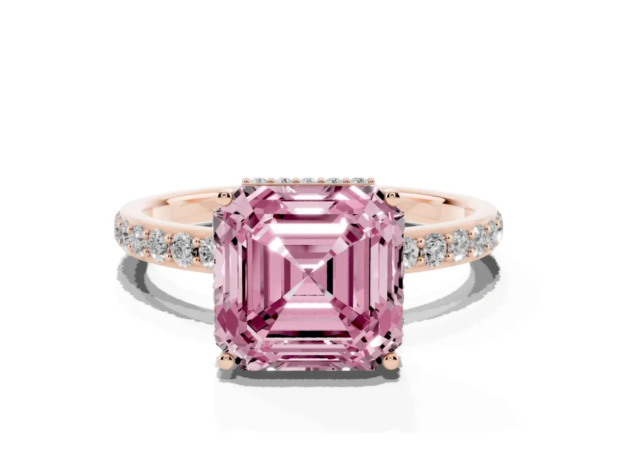 Fancy Pink Asscher Cut Diamond Solitaire Ring with Pavé Band and Hidden Halo Rose gold
