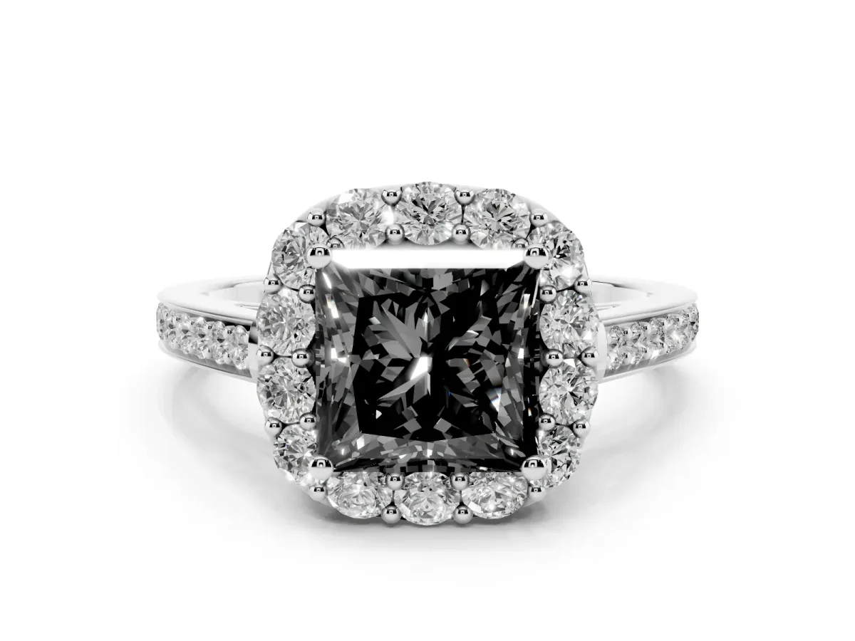 Fancy Black Princess Cut Diamond Floral Halo Ring with Pavé Band and Prong Setting White gold
