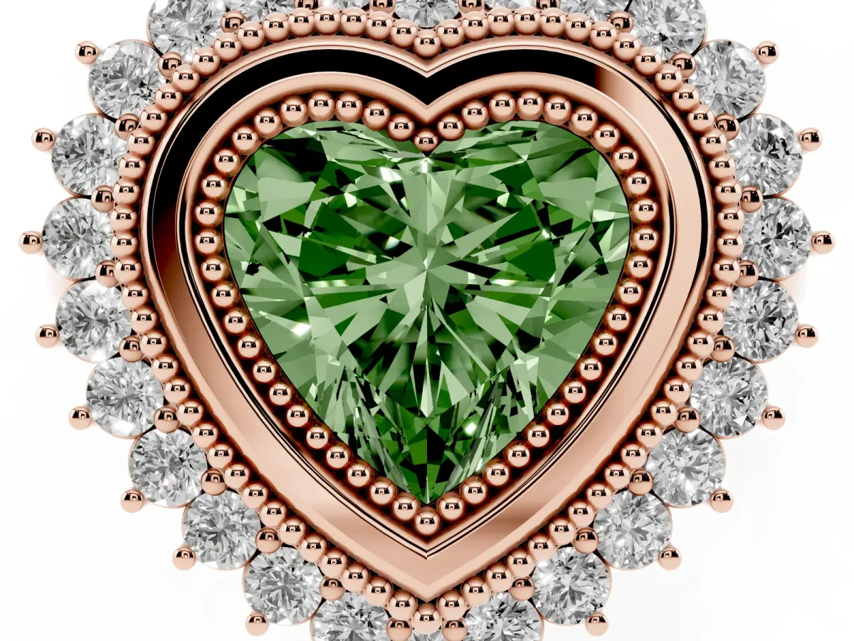 Fancy Green Heart Cut Halo Diamond Ring with Milgrain Edge and Round Prong Setting Rose gold