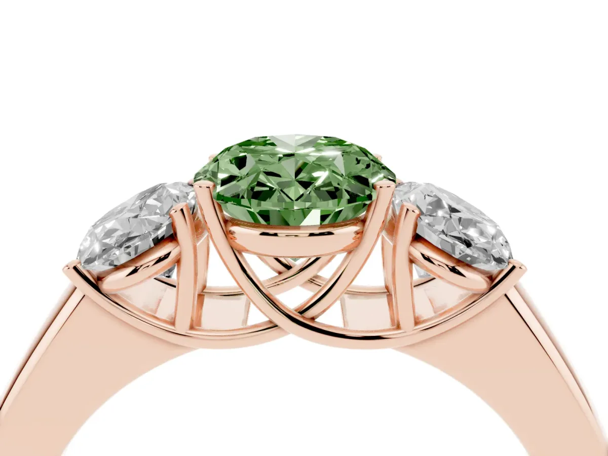 Fancy Green Three-Stone Oval Cut Cut Diamond Ring with Prong Setting and Classic Band Rose gold