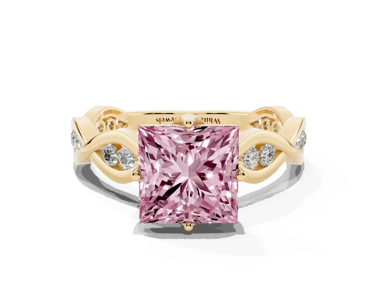 Fancy Pink Princess Cut Solitaire Twist Band with Leaf Prong Setting Yellow gold