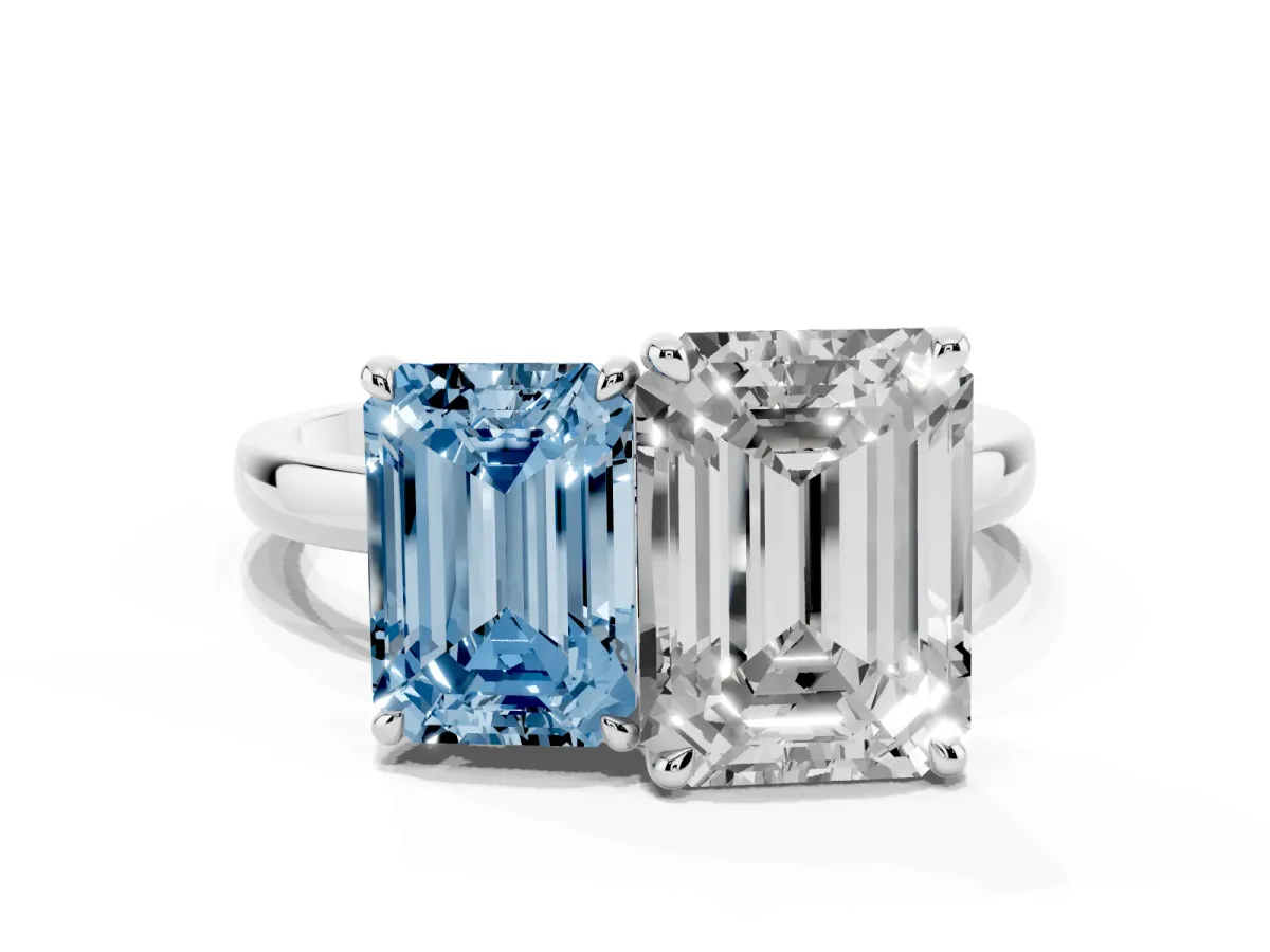 Fancy Blue Emerald Cut and Emerald Cut Toi Moi Ring with Prong Setting Silver
