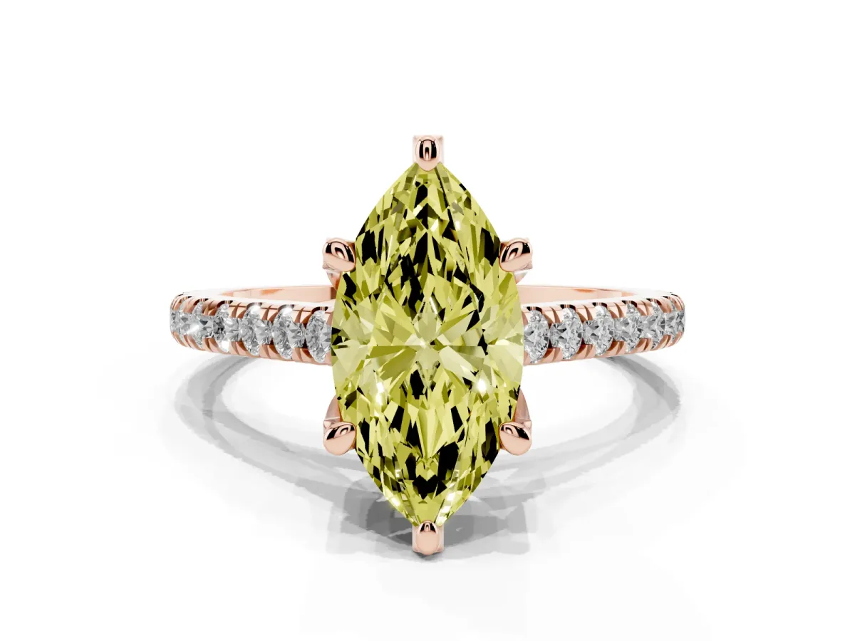 Fancy Yellow Marquise Cut Brilliant Diamond Solitaire with Pavé Band and Four-Prong Setting Rose gold