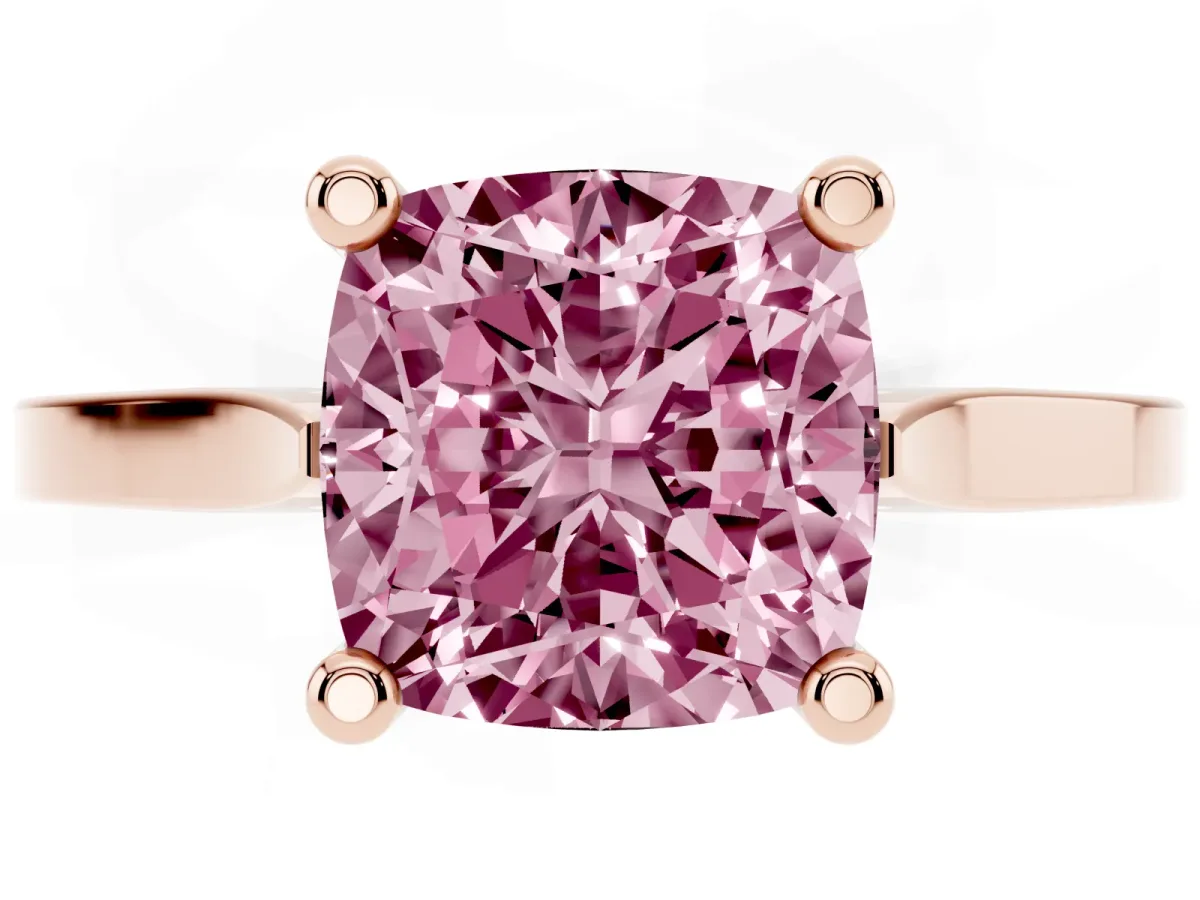 Fancy Pink Cushion Cut Solitaire Diamond Ring with Four-Prong Setting and Tapered Band Rose gold