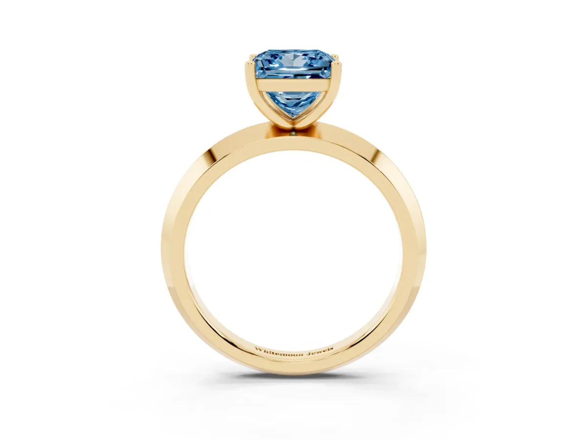Fancy Blue Princess Cut Cut Solitaire Engagement Ring with Flat Band and Four-Prong Setting Yellow gold