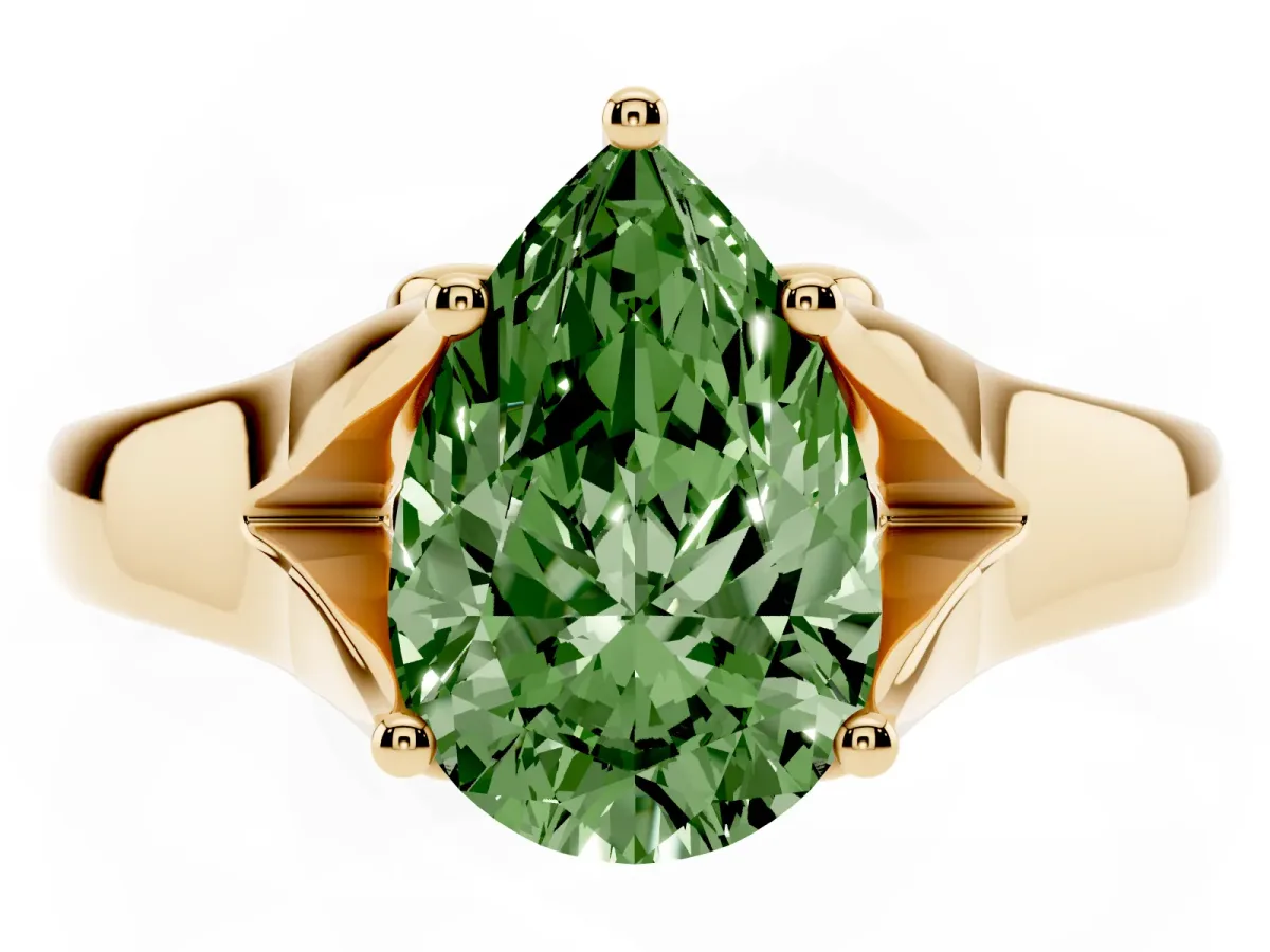 Fancy Green Pear Cut Solitaire Diamond Ring with Cathedral Band and Four-Prong Setting Yellow gold