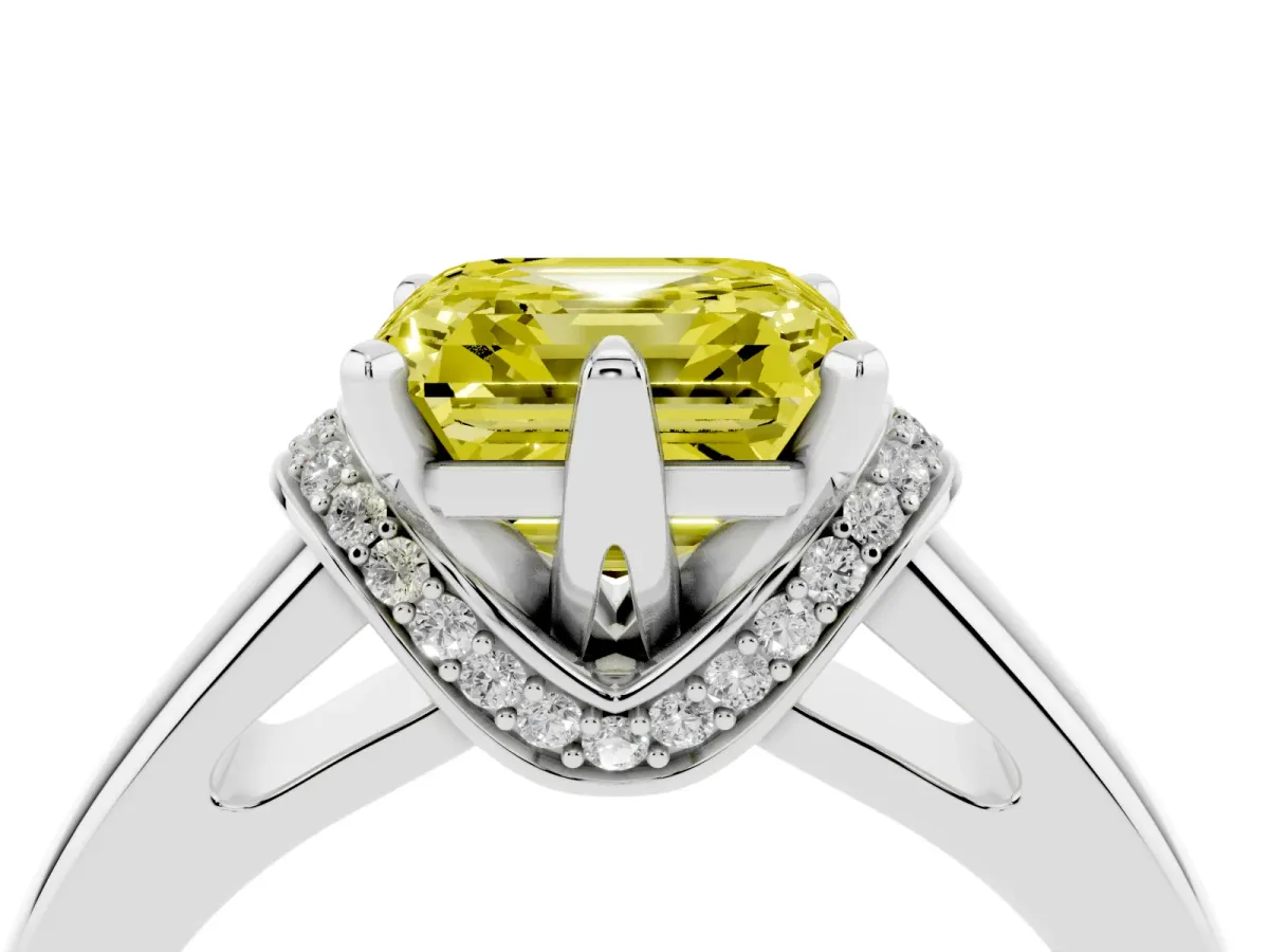 Fancy Yellow Asscher Cut Solitaire Diamond Ring with Pave Band and Six-Prong Setting Platinum
