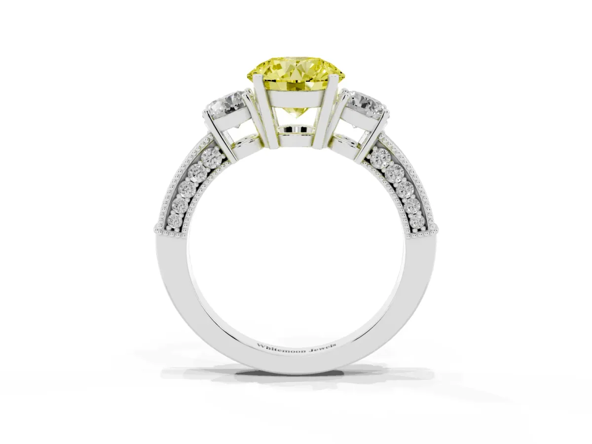 Fancy Yellow Round Cut Three-Stone Diamond Ring with Pavé Band and Four-Prong Setting Silver