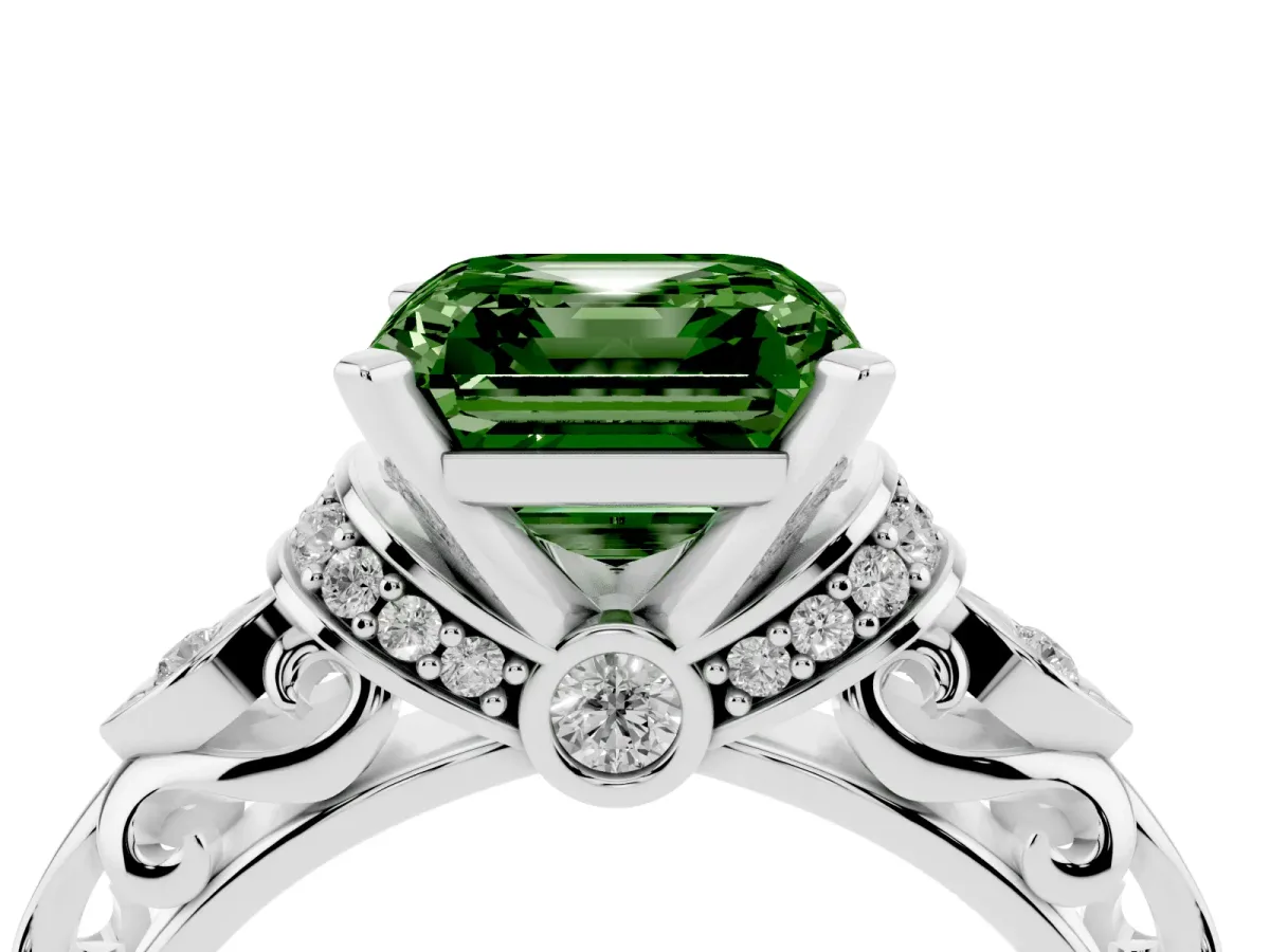 Fancy Green Asscher Cut Diamond Solitaire Ring with Filigree Band and Four-Prong Setting Platinum