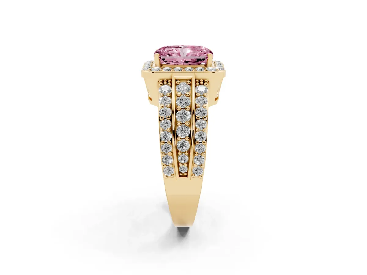 Fancy Pink Radiant Cut Halo Diamond Ring with Round Split Shank and Prong Setting Yellow gold