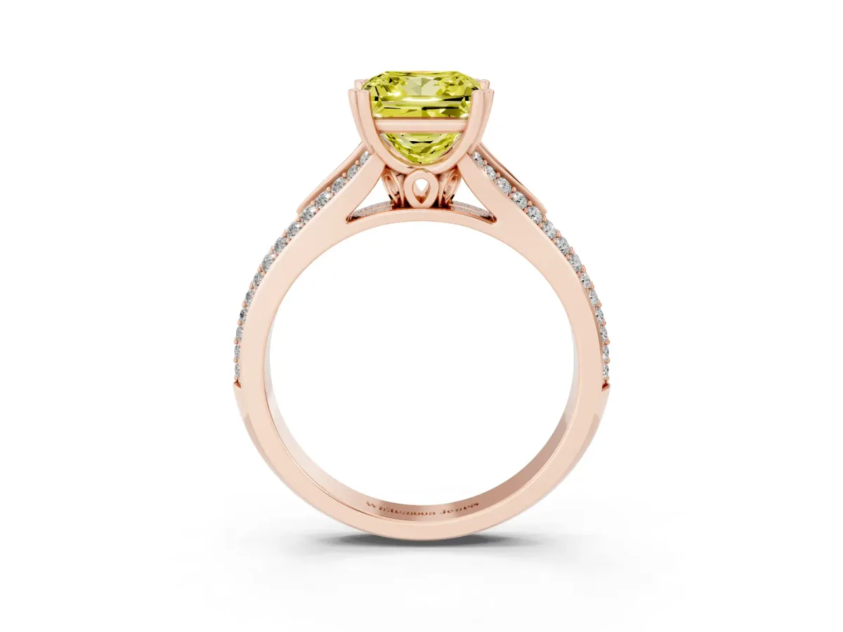 Fancy Yellow Princess Cut Diamond Split Shank Engagement Ring with Pavé Band Rose gold