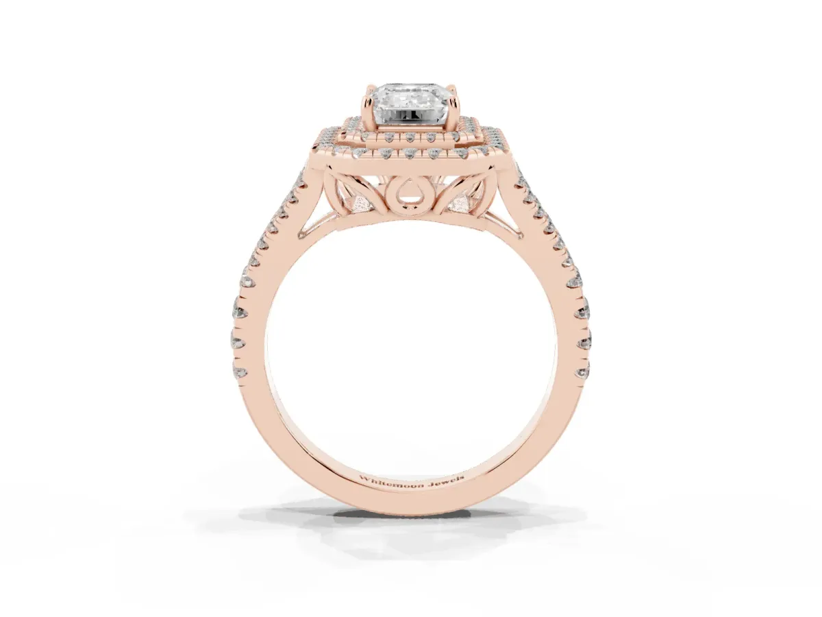 Emerald Cut Diamond Double Halo Ring with Pavé Band and Prong Setting Rose gold