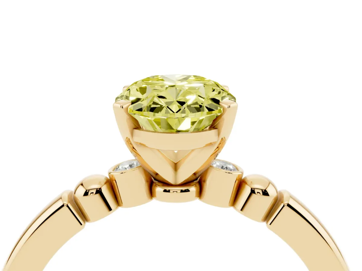 Fancy Yellow Oval Cut Solitaire Beaded Band with Four-Prong Setting Yellow gold