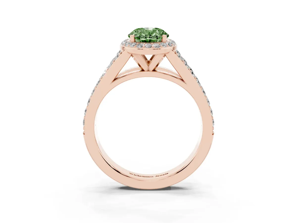 Fancy Green Oval Cut Diamond Split Shank Halo Ring with Four-Prong Setting Rose gold