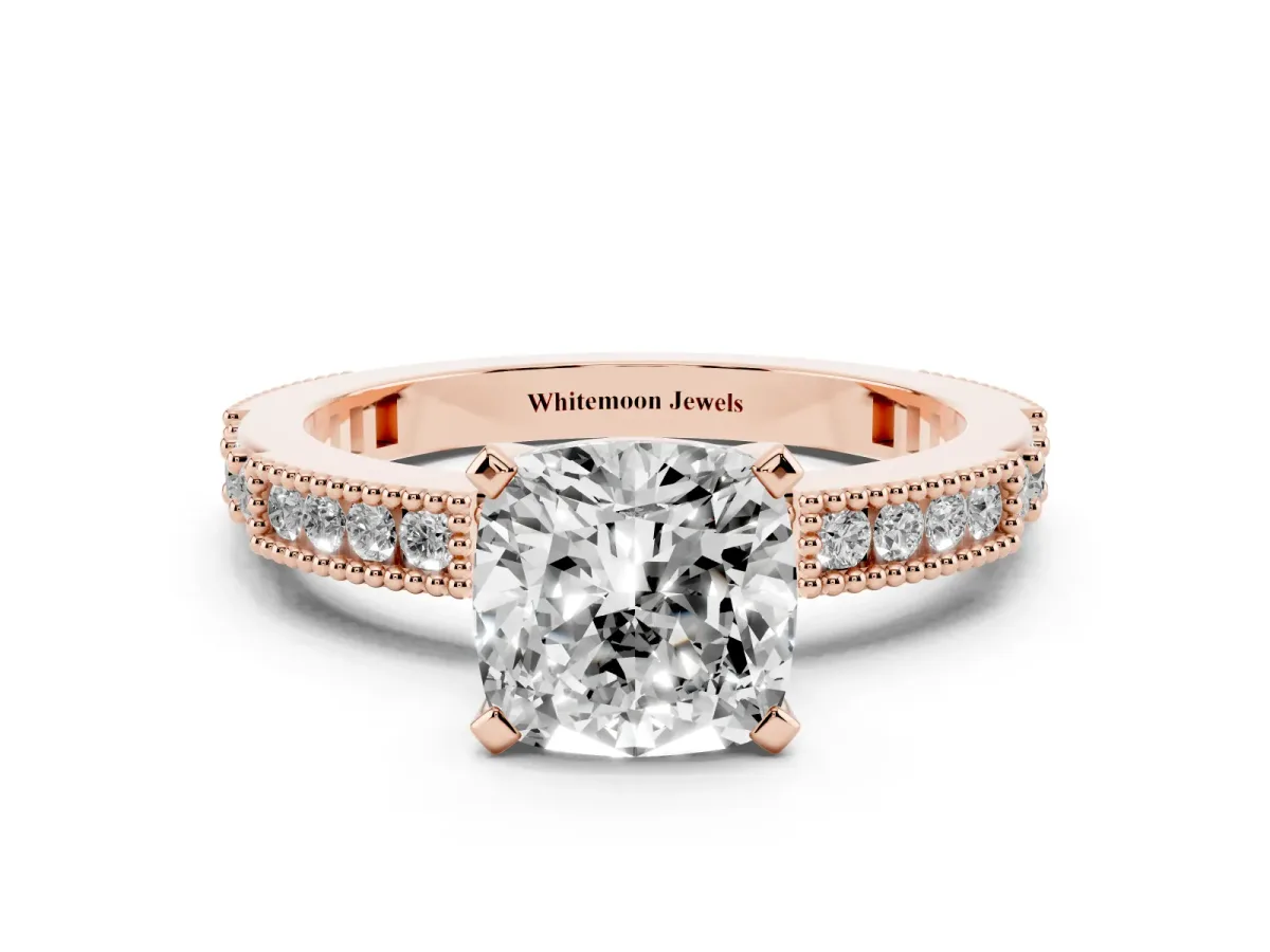 Cushion Cut Solitaire with Pavé Band and Four-Prong Setting Rose gold