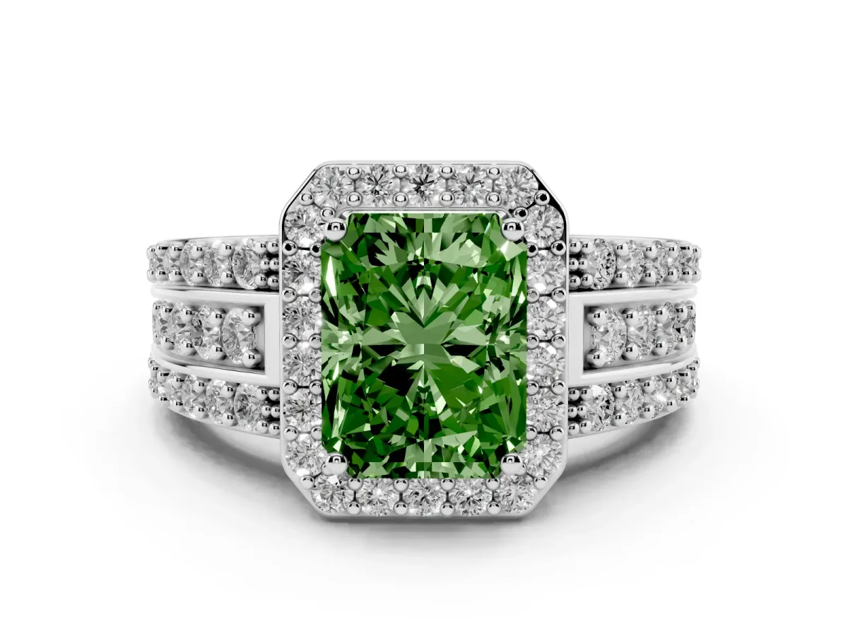 Fancy Green Radiant Cut Halo Diamond Ring with Round Split Shank and Prong Setting Platinum