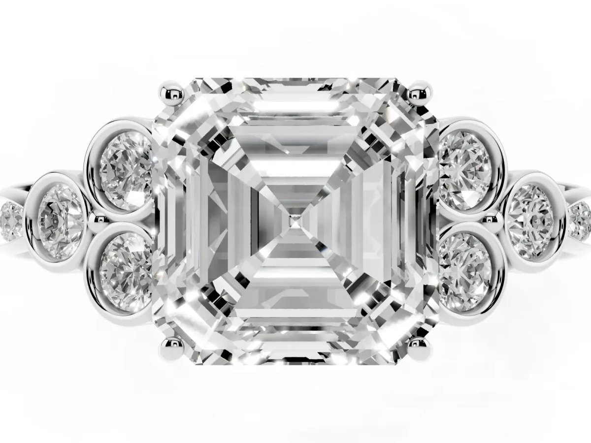 Asscher Cut Cut Diamond Engagement Ring with Bezel Set Round Side Stones and Prong Setting White gold