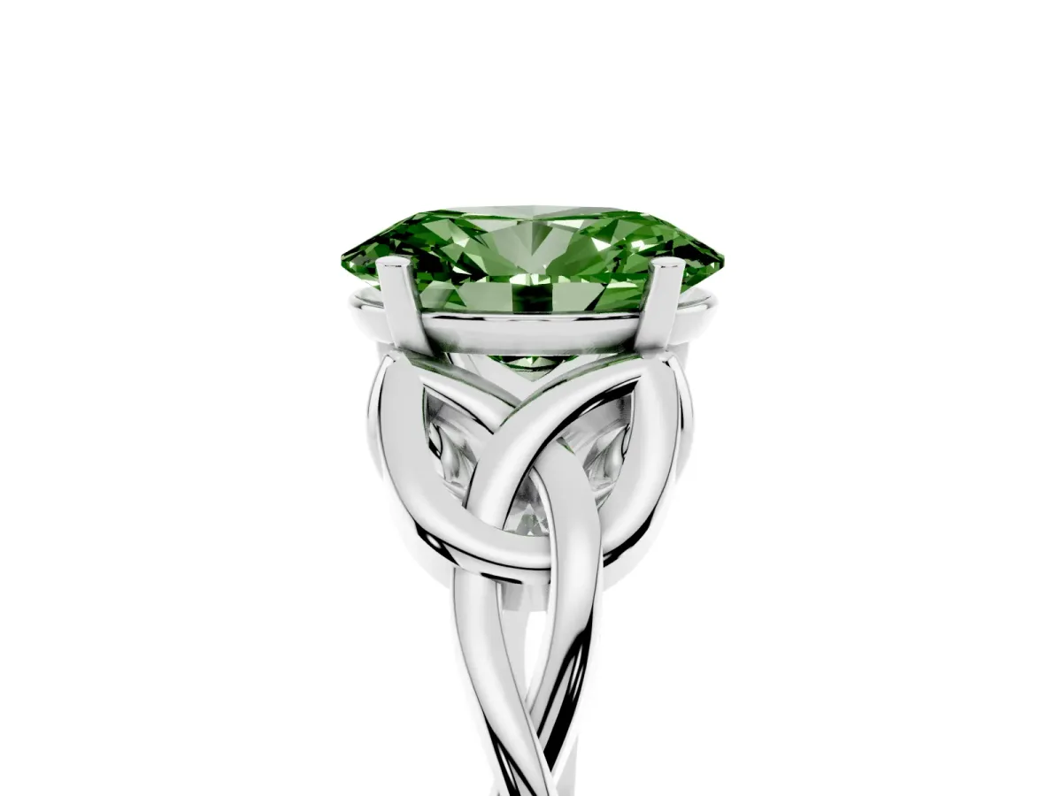 Fancy Green Oval Cut Diamond Solitaire Engagement Ring with Celtic Knot Band and Four-Prong Setting Platinum