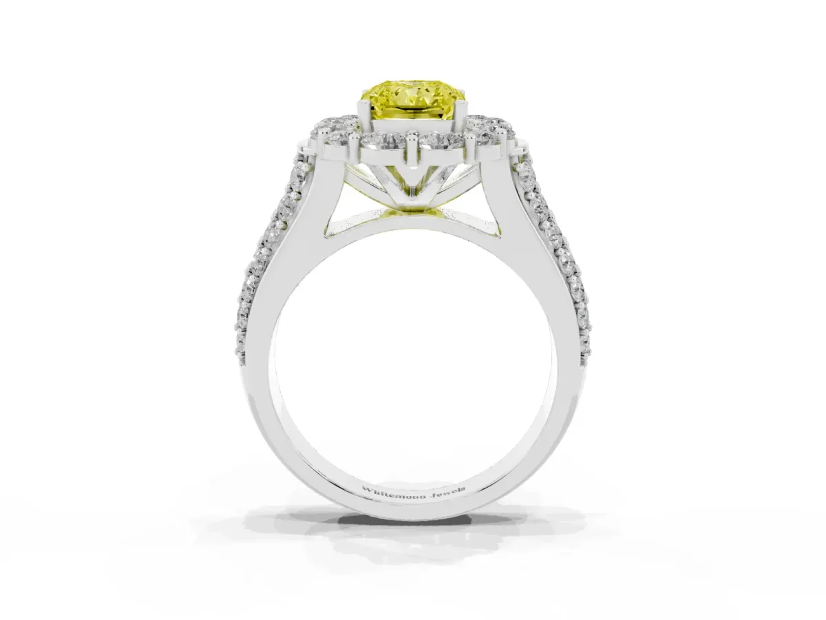 Fancy Yellow Radiant Cut Halo Diamond Engagement Ring with Split Shank and Prong Setting Silver