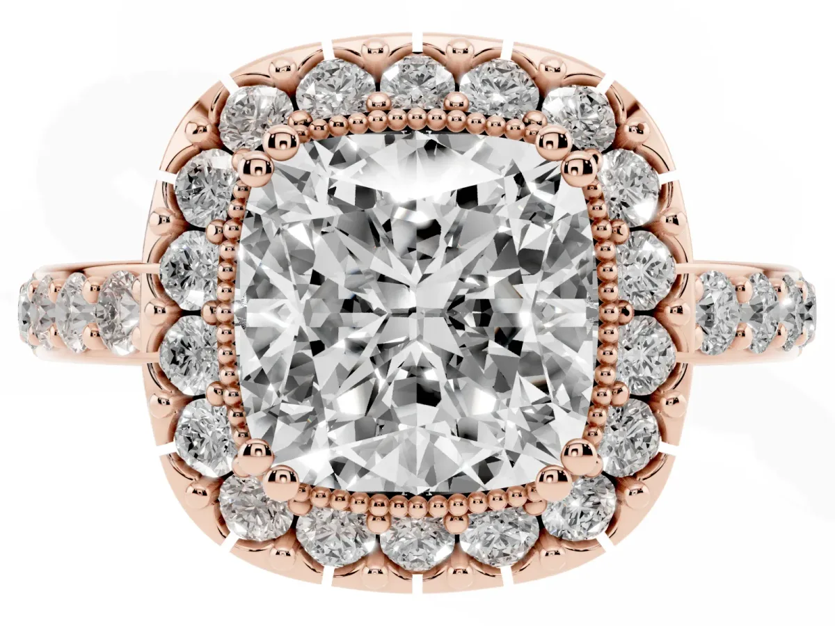 Cushion Cut Diamond Halo Ring with Pavé Band and Prong Setting Rose gold