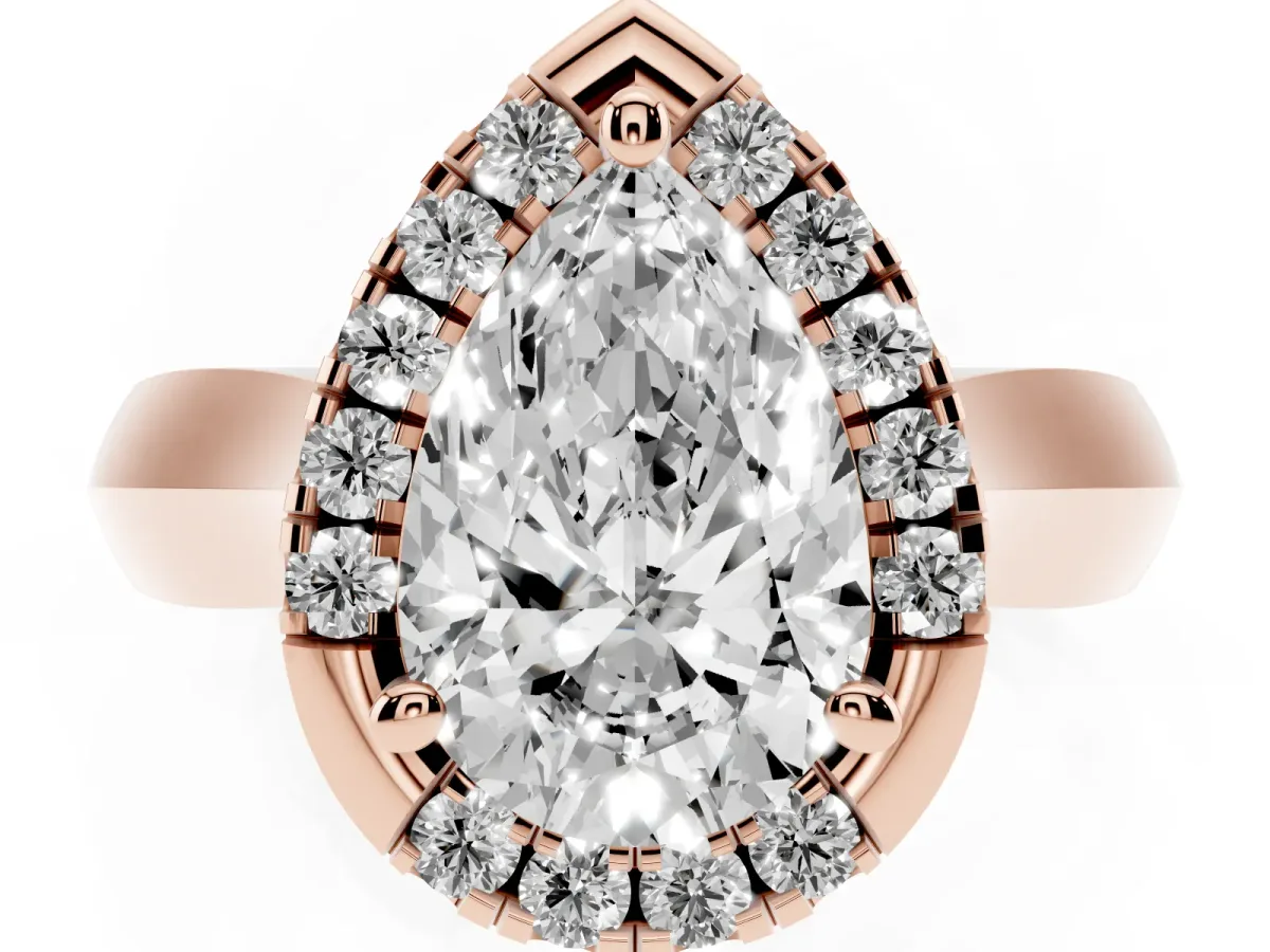 Pear Cut Cut Halo Solitaire Engagement Ring with Square Band and Four-Prong Setting Rose gold