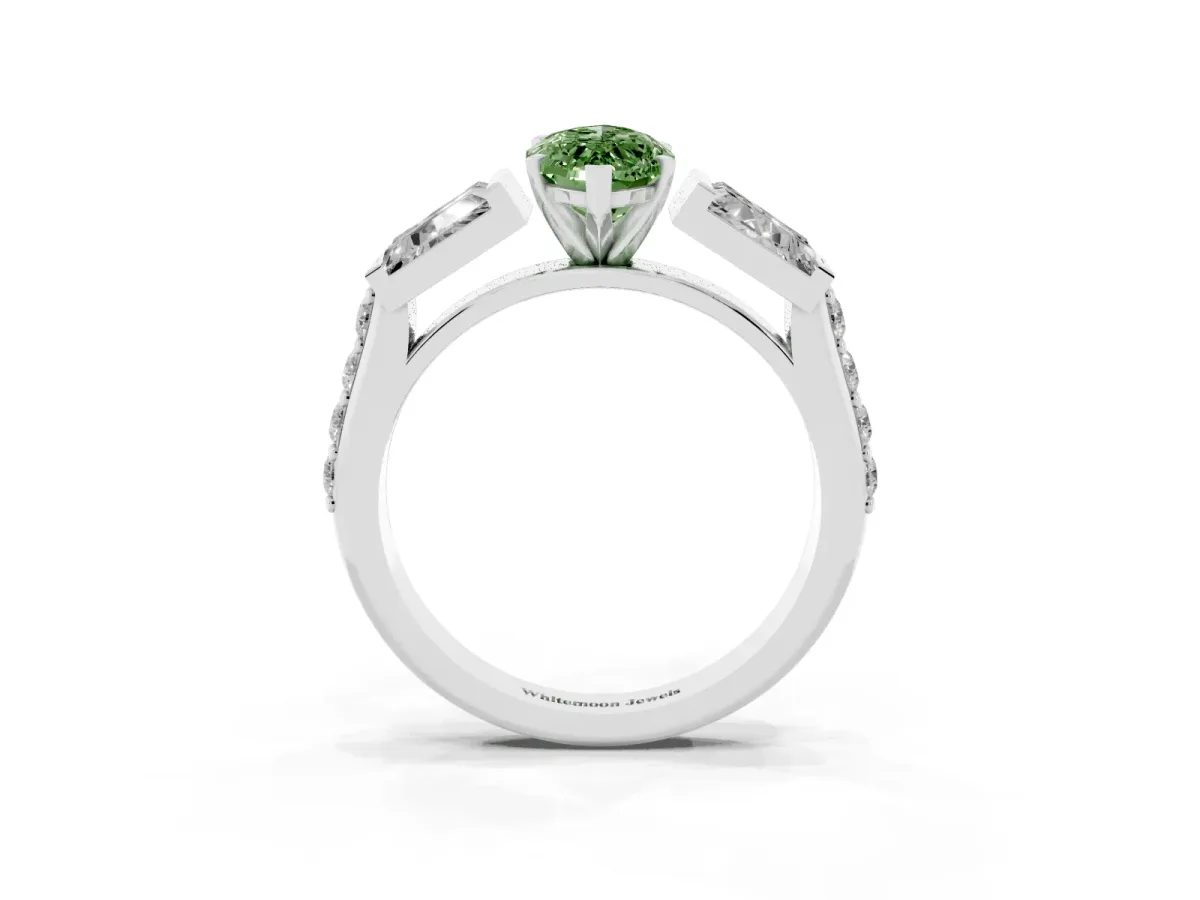 Fancy Green Marquise Cut Diamond Engagement Ring with Baguette Side Stones and Channel Set Band Silver