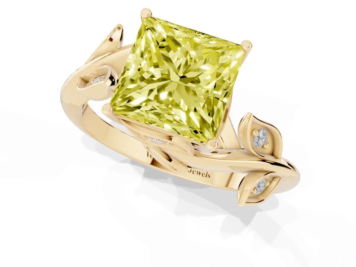Fancy Yellow Princess Cut Solitaire Twist Engagement Ring with Leaf Accents and Prong Setting Yellow gold