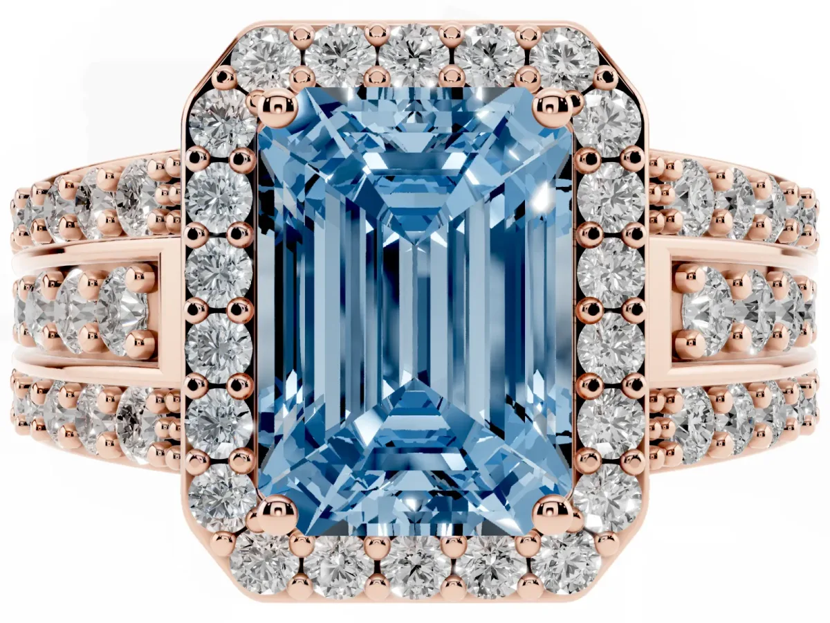 Fancy Blue Emerald Cut Halo Diamond Ring with Round Split Shank and Prong Setting Rose gold