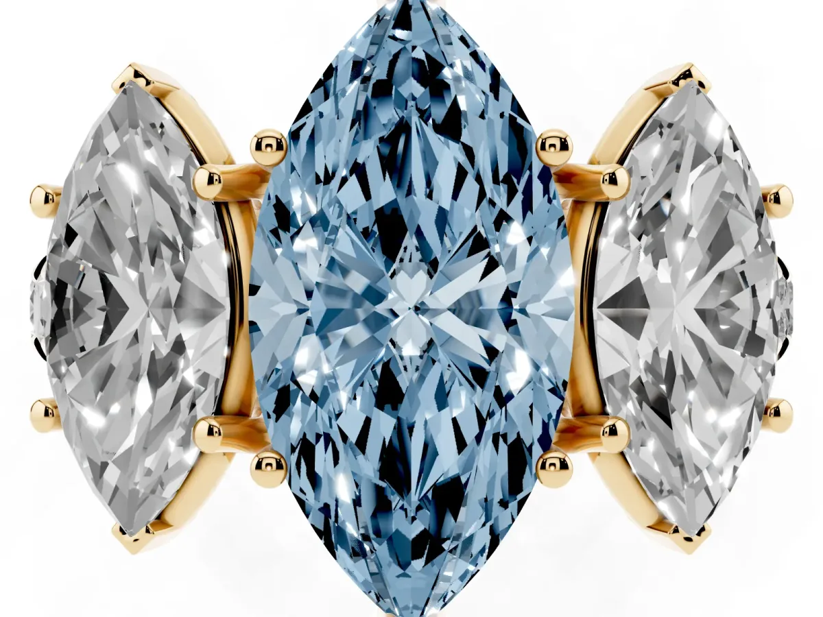 Fancy Blue Three-Stone Marquise Cut Diamond Pavé Band with Prong Setting Yellow gold