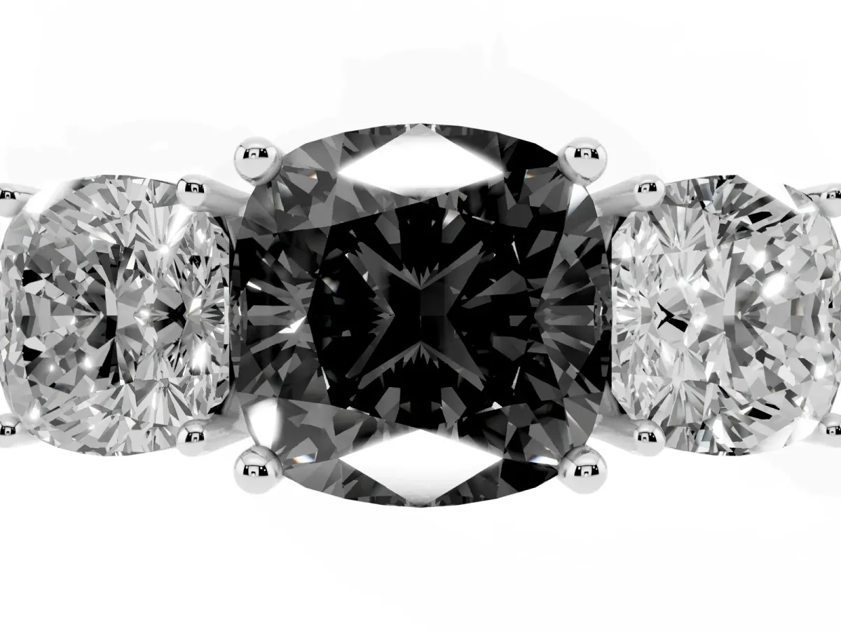 Fancy Black Three-Stone Cushion Cut Cut Diamond Engagement Ring with Prong Setting on a White Gold Band Platinum