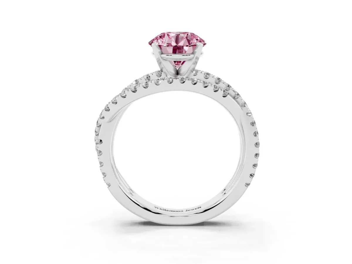 Fancy Pink Round Cut Solitaire Twist Band with Pavé Setting and Four-Prong Setting Silver