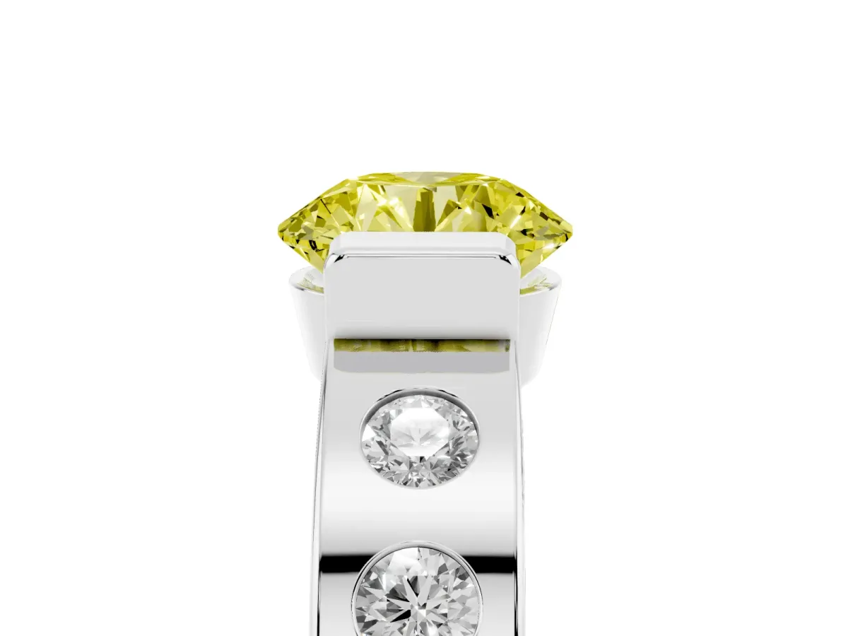Fancy Yellow Round Cut Brilliant Channel-Set Diamond Ring with Bezel Prong Setting Platinum