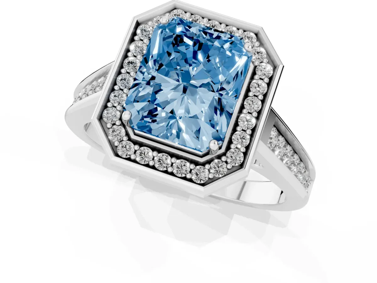 Fancy Blue Emerald Cut Halo Solitaire Diamond Ring with Pave Band and Bezel Setting Silver