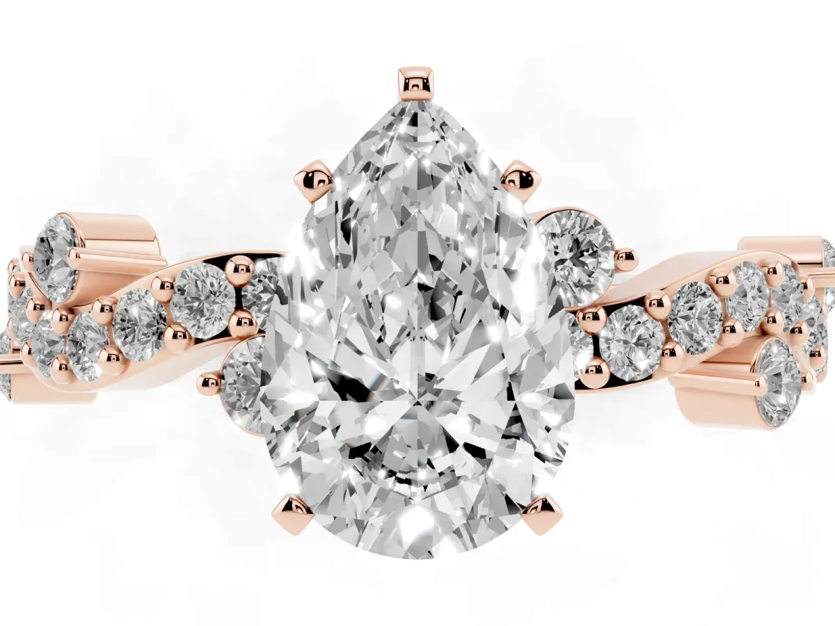 Pear Cut Cut Solitaire Diamond Twisted Band with Pave Setting Rose gold
