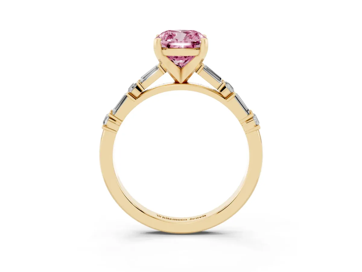 Fancy Pink Cushion Cut Diamond Solitaire with Side Baguettes and Channel Set Band Yellow gold