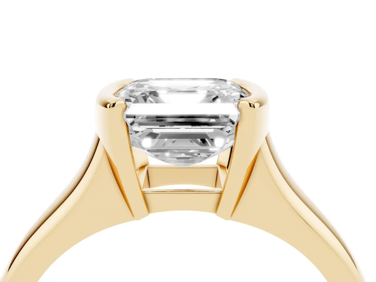 Asscher Cut Solitaire Tension Set Diamond Ring with Split Shank Band Yellow gold