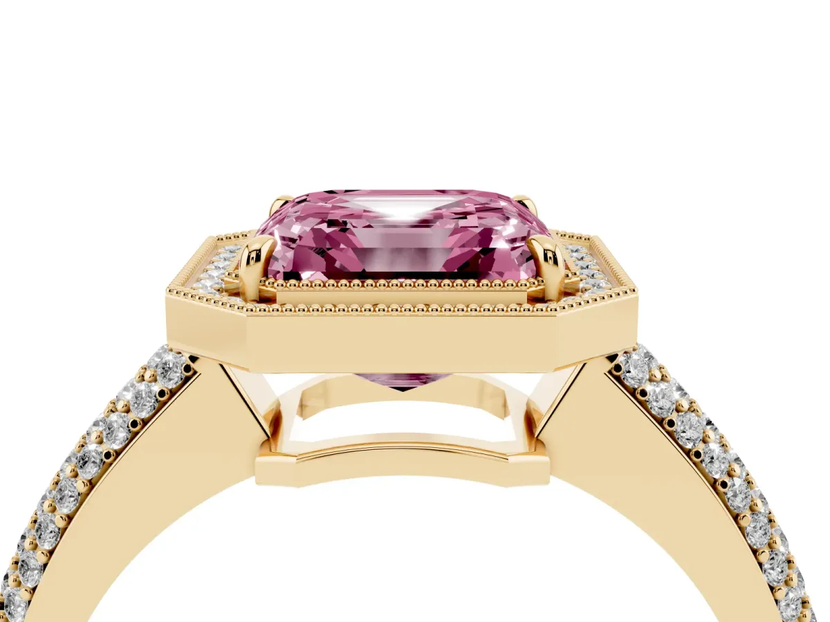 Fancy Pink Asscher Cut Cut Halo Diamond Pave Band with Four-Prong Setting Yellow gold