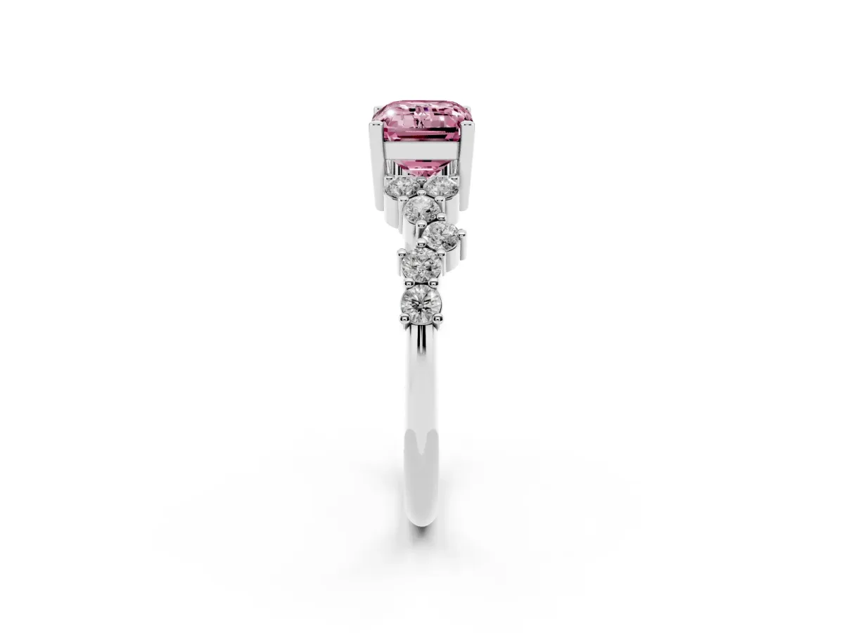 Fancy Pink Emerald Cut Diamond Scattered Round Accent Ring with Prong Setting Silver