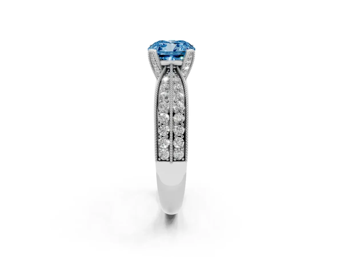 Fancy Blue Cushion Cut Diamond Solitaire Ring with Milgrain Round Pavé Band and Prong Setting White gold