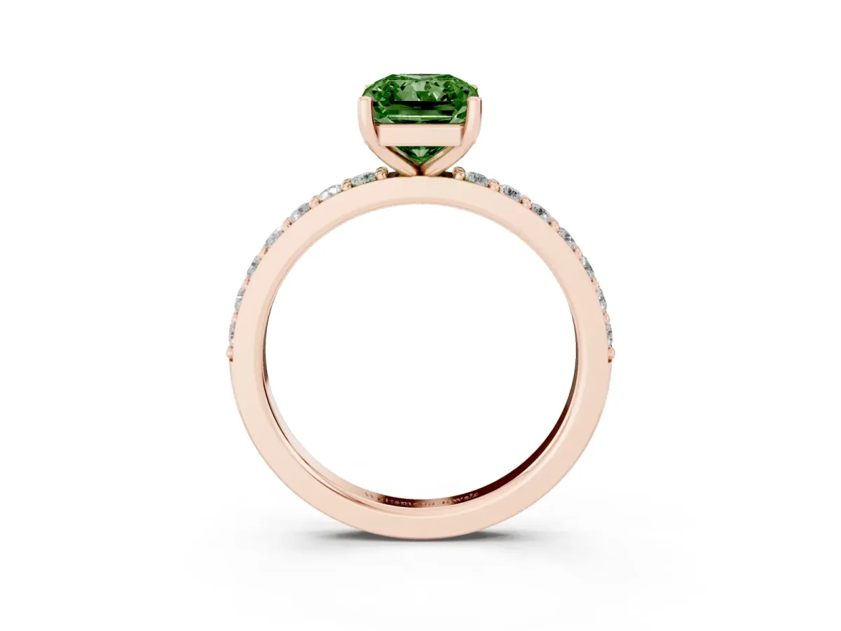 Fancy Green Radiant Cut Cut Diamond Solitaire with Pave Band and Four-Prong Setting Rose gold