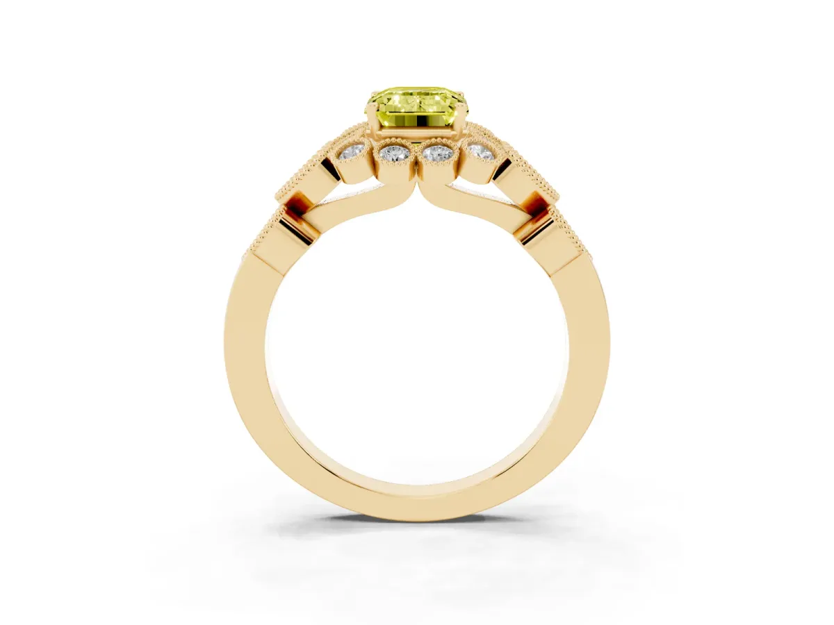 Fancy Yellow Emerald Cut Brilliant Milgrain Pave Heart Band Solitaire Ring Yellow gold