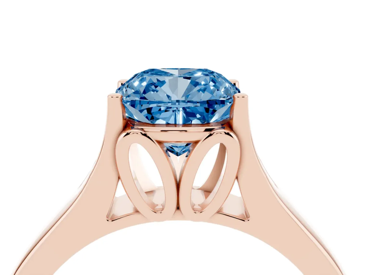 Fancy Blue Cushion Cut Solitaire Diamond Ring with Cathedral Band and Four-Prong Setting Rose gold