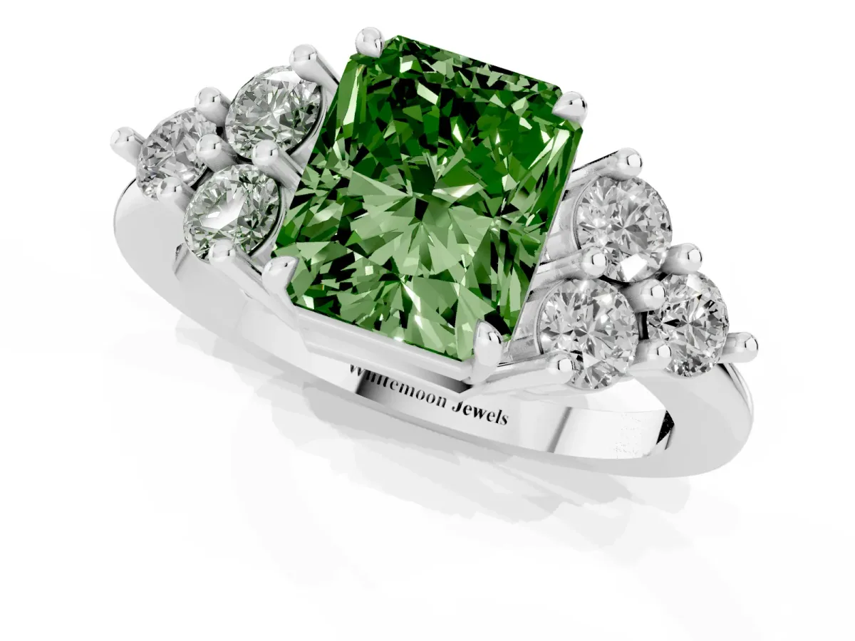 Fancy Green Radiant Cut Brilliant Diamond Cluster Accent Solitaire Ring with Prong Setting Platinum