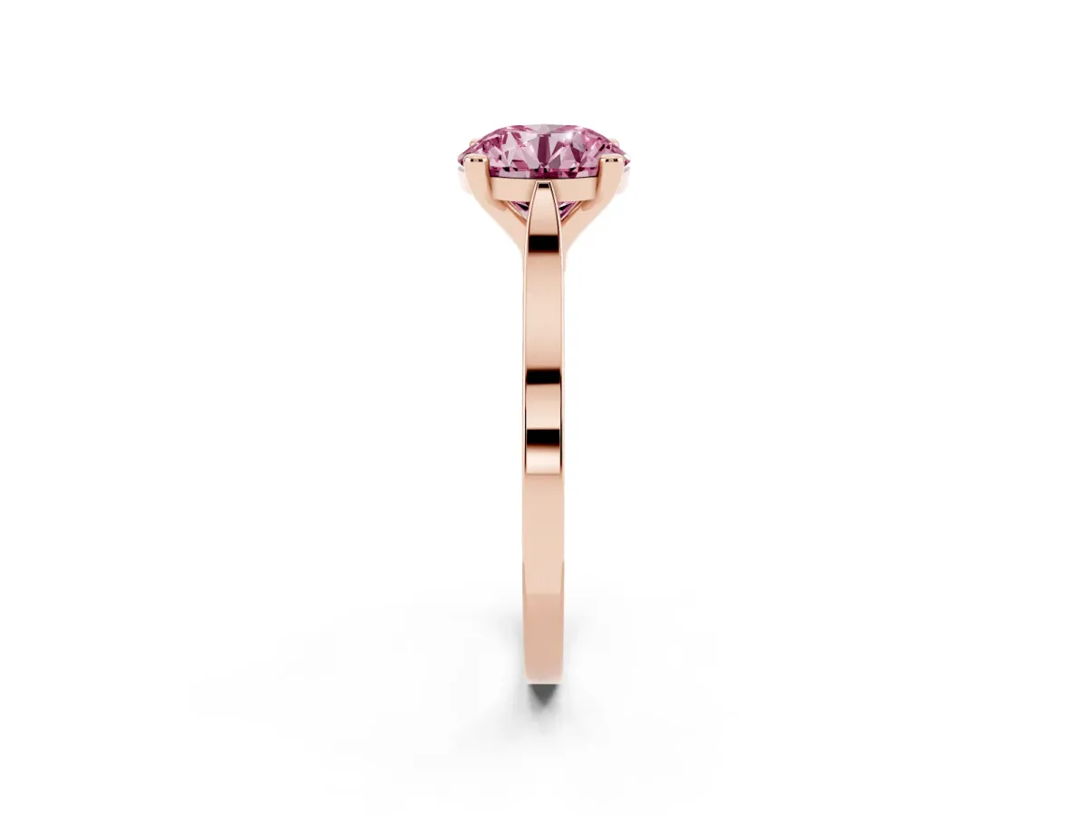 Fancy Pink Round Cut Solitaire Diamond Ring with Four-Prong Setting and Tapered Band Rose gold